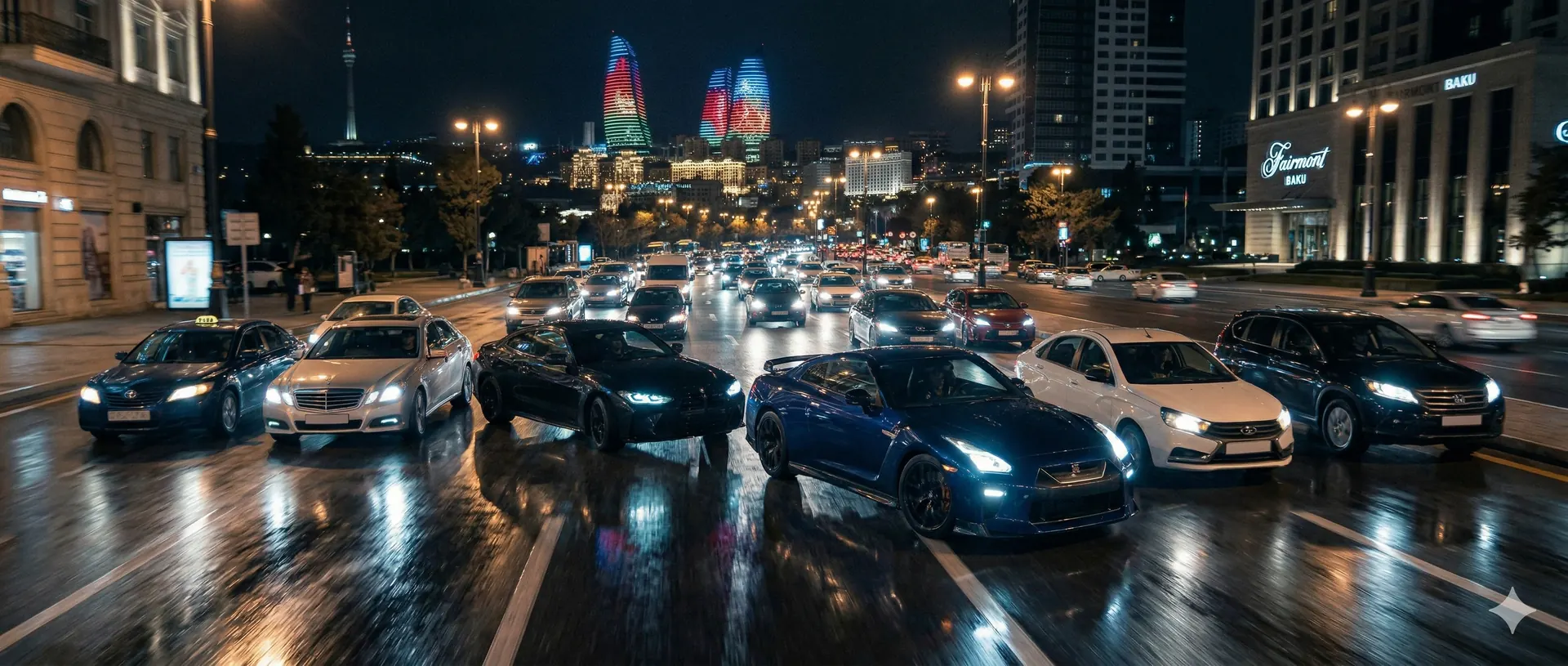 Night traffic in Baku with cars and skyline